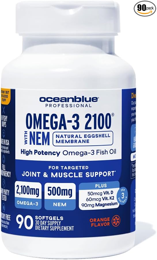 Oceanblue Omega-3 2100mg Fish Oil Supplement with 500mg Natural Eggshell Membrane NEM, Magnesium, Vitamins K2 & D | Triple-Strength, High-Potency | Support Joint Comfort & Muscle Recovery