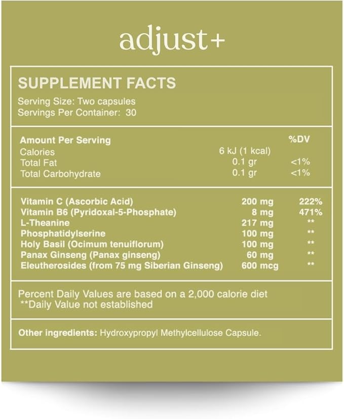 Adjust+ | Holy Basil, Panax & Siberian Ginseng, Phosphatidylserine, L-Theanine, Vitamins B & C | Adaptogen Stress Support, Calm Energy & Mental Clarity | 60 Capsules