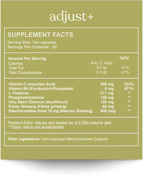 Adjust+ | Holy Basil, Panax & Siberian Ginseng, Phosphatidylserine, L-Theanine, Vitamins B & C | Adaptogen Stress Support, Calm Energy & Mental Clarity | 60 Capsules