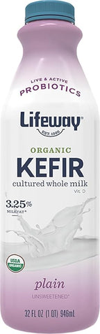 Lifeway Organic Whole Milk Kefir - 10g Protein, 12 Live Active Probiotic Cultures, Up to 99% Lactose Free, Gluten Free - Plain, 32 oz