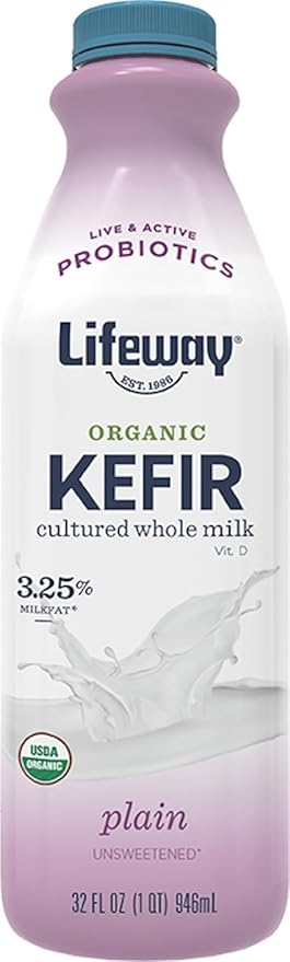 Lifeway Organic Whole Milk Kefir - 10g Protein, 12 Live Active Probiotic Cultures, Up to 99% Lactose Free, Gluten Free - Plain, 32 oz