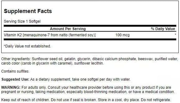 Swanson Vitamin K2 (Menaquinone-7) - Vitamin Supplement Supporting Cardiovascular and Bone Health - Made from Japanese Natto to Help Regulate Calcium - (30 Softgels, 100mcg Each) (2 Pack)