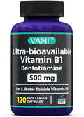 VANI 500MG Benfotiamine with B1, 5X Time Fat & Water Soluble Thiamine B1 Supplement – Third Party Tested, No Gluten (120 Capsules)