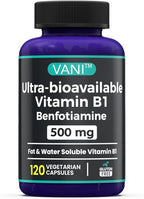 VANI 500MG Benfotiamine with B1, 5X Time Fat & Water Soluble Thiamine B1 Supplement – Third Party Tested, No Gluten (120 Capsules)