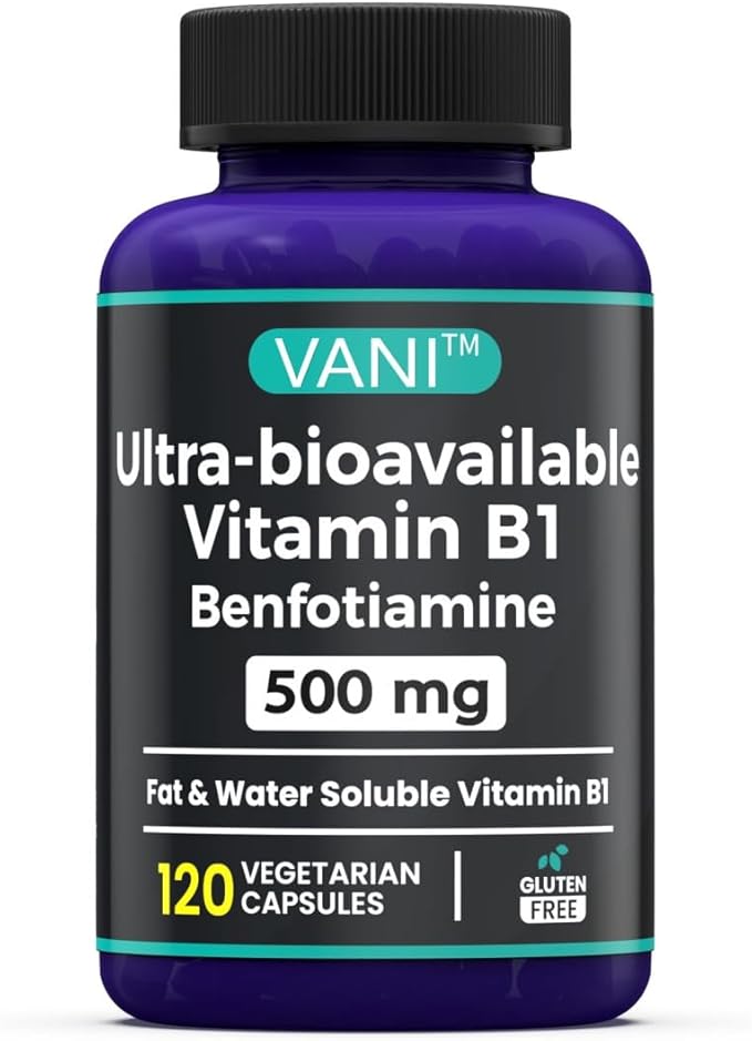 VANI 500MG Benfotiamine with B1, 5X Time Fat & Water Soluble Thiamine B1 Supplement – Third Party Tested, No Gluten (120 Capsules)