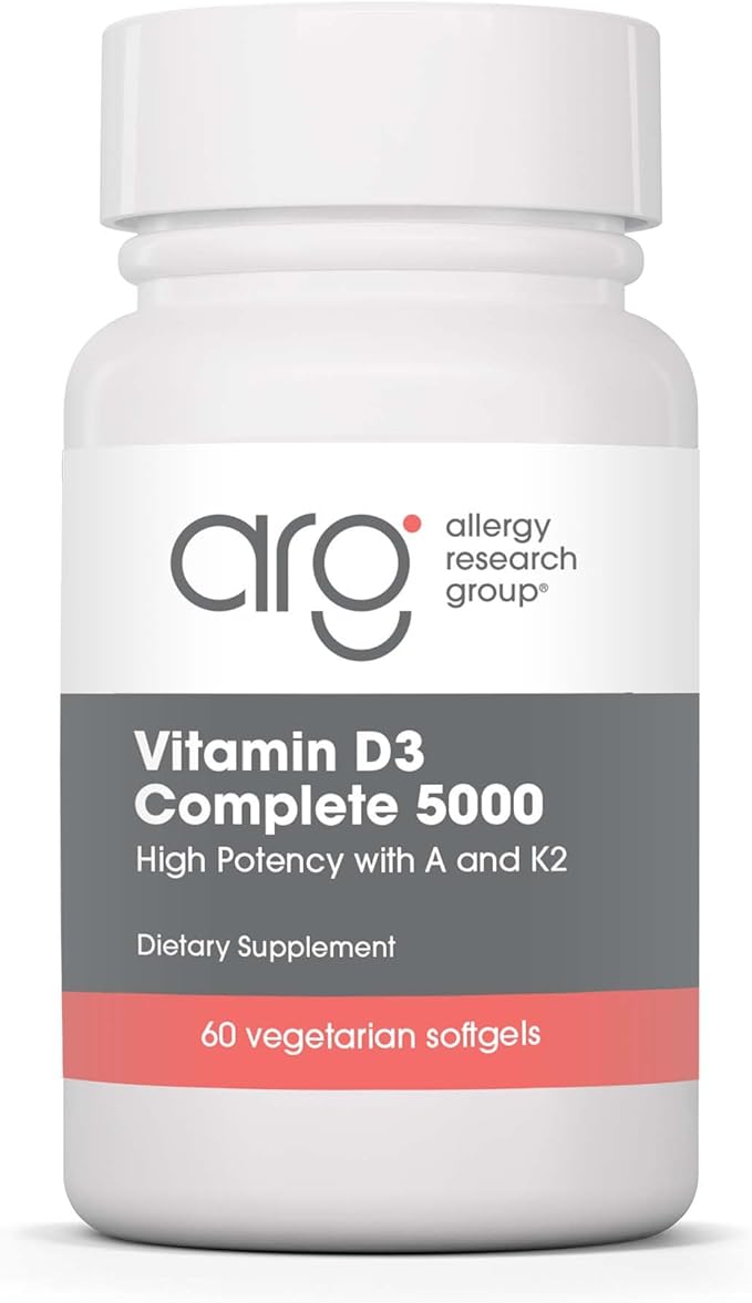 Allergy Research Group Vitamin D3 Complete 5000 - Delivers 125 mcg Vitamin D3 - with Vitamin A & K2 - Supports Bone Strength, Immune Balance & Healthy Mindset - 60 Servings - 60 Capsules