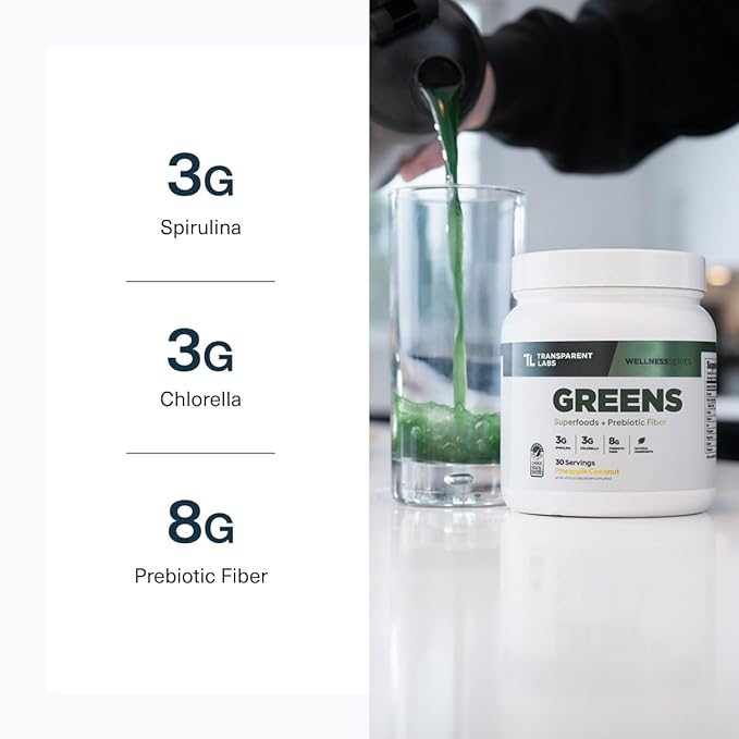 Transparent Labs Prebiotic Greens - Superfood Powder & Antioxidants Supplement with Organic Spirulina, Chloerra, Acacia, & Green Banana Powder - 30 Servings, Peach Mango