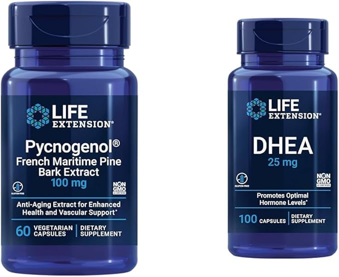 Life Extension French Maritime Pine Bark Extract with DHEA Hormone Balance - 60 Capsules Pycnogenol & 100 Capsules DHEA 25mg