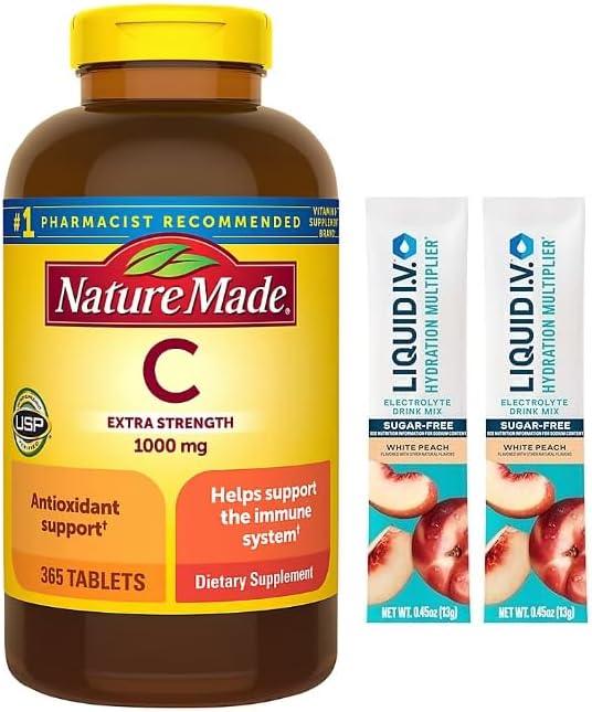 Nature Made - Extra Strength Vitamin C 1000mg, 365 Tablets, Dietary Supplement for Immune and Hydration Support Plus 2 Sugar Free White Peach Hydration Sticks