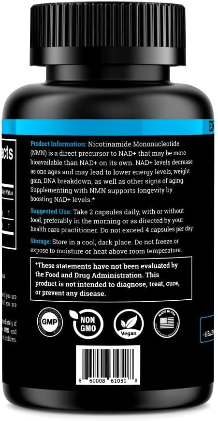 Black Forest NMN Supplements 1000mg (Nicotinamide Mononucleotide) 99% Pure, Stabilized Form, BioPerine® for Enhanced Bioavailability (60 Capsules) (NMN 1000mg per Serving) NAD Supplement for NAD