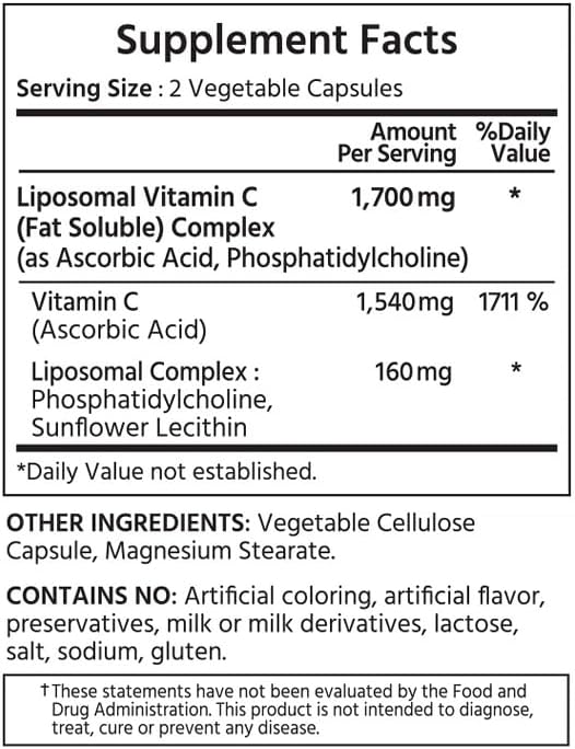 ML Naturals Liposomal Vitamin C - 1,700 mg per Serving, 180 Vegetable Capsules - High Potency Antioxidant Support - Gluten-Free