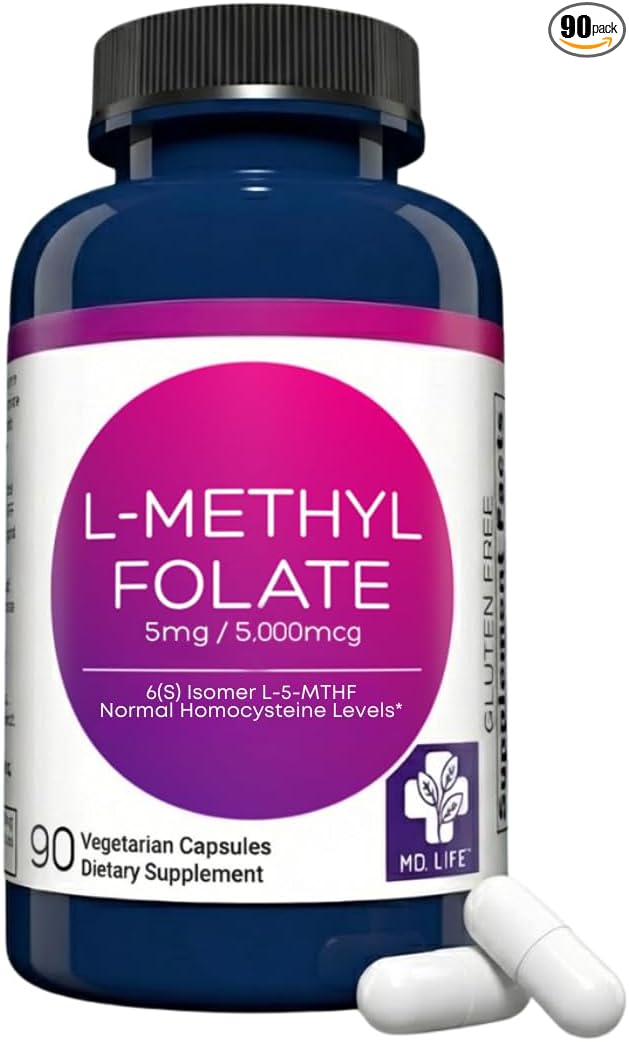 MD Life L-Methylfolate 5mg - Professional-Grade Active Methylfolate Supplement - Maximum Potency MTHFR Supplements - L methylfolate 5mg 90 Capsules - Essential Amino Acids