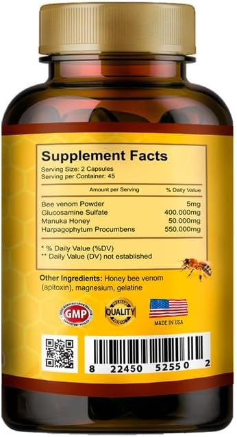 VITAMISAN Premium Natural Bee Venom with glucosamine sulfate Veneno Abeja 90 Capsulas Apitoxin Manuka Honey Dietary Supplement