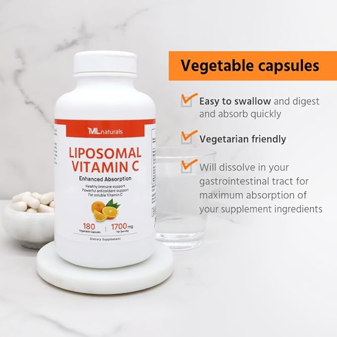 ML Naturals Liposomal Vitamin C - 1,700 mg per Serving, 180 Vegetable Capsules - High Potency Antioxidant Support - Gluten-Free