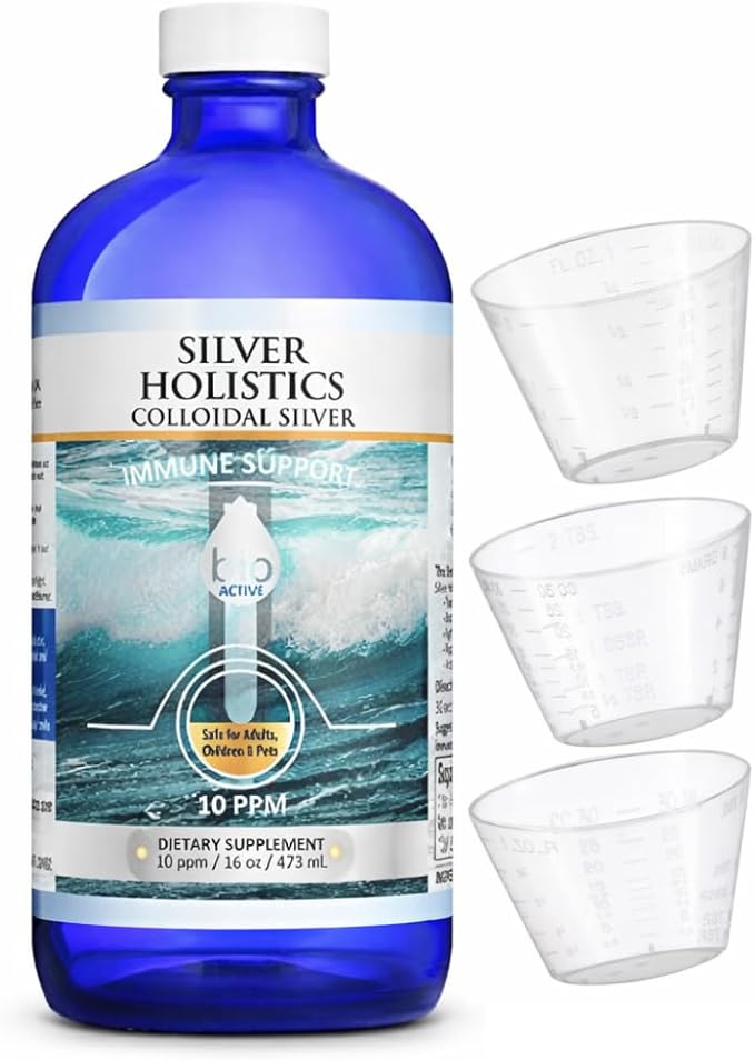 Silver Holistics Colloidal Silver Liquid 16 Oz. Glass Bottle - 10 PPM with Measuring Cups for Immune Support