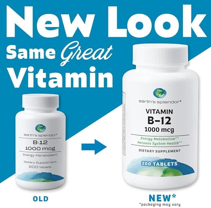 Earth's Splendor Energy Supplements, with Vitamin B12, No Artificial Color or Flavor, Gluten Free, Energy Metabolism Support (1000mcg, 200 Tablets)