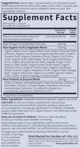 Garden of Life Vitamin D3 5000 IU, Raw Whole Food Supplements with Chlorella, Fruit, Veggies & Probiotics for Bone & Immune Health, 60 Vegetarian Capsules (Pack of 6)