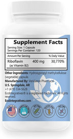 B2-400 Pure Riboflavin - Nervous System Health, Homocysteine Detox, Cardiovascular, Helps Boost Energy, Mental Clarity, Metabolism and Cell Function (120)