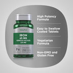 Piping Rock Iron Ferrous Sulfate 65 mg | 250 Tablets | Iron Supplement | High Potency Formula | Vegetarian, Non-GMO, Gluten Free