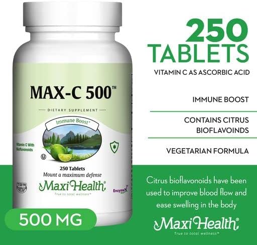 Maxi Health Max-C 500 Vitamin C Supplement – Vitamin C 500mg with Lemon Bioflavonoids Complex for Immune & Antioxidant Support – Vegan, Kosher – 250 Tablets