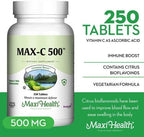 Maxi Health Max-C 500 Vitamin C Supplement – Vitamin C 500mg with Lemon Bioflavonoids Complex for Immune & Antioxidant Support – Vegan, Kosher – 250 Tablets