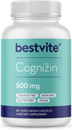 BESTVITE Cognizin Citicoline 500mg (60 Vegetarian Capsules) - Clinically Studied Premium Choline Nootropic - No Stearates - Vegan - Non GMO - Gluten Free - Brain Supplements for Memory and Focus
