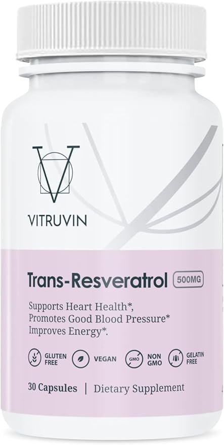 VITRUVIN Trans-Resveratrol Supplement 500mg, 3 Bottles Pack, Vegan, Non-GMO, Gluten-Free, Gelatin-Free.