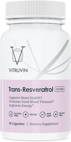 VITRUVIN Trans-Resveratrol Supplement 500mg, 3 Bottles Pack, Vegan, Non-GMO, Gluten-Free, Gelatin-Free.