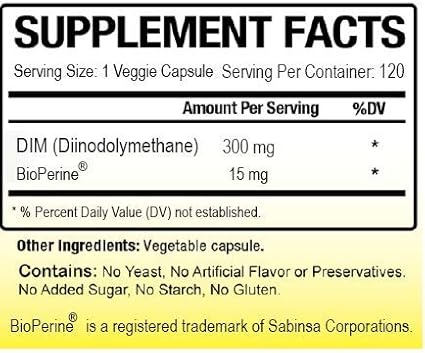 DIM Supplement 300 mg DIM Diindolylmethane Plus BioPerine 120 Days Supply Made in USA 120 Vegetable Capsules (120)