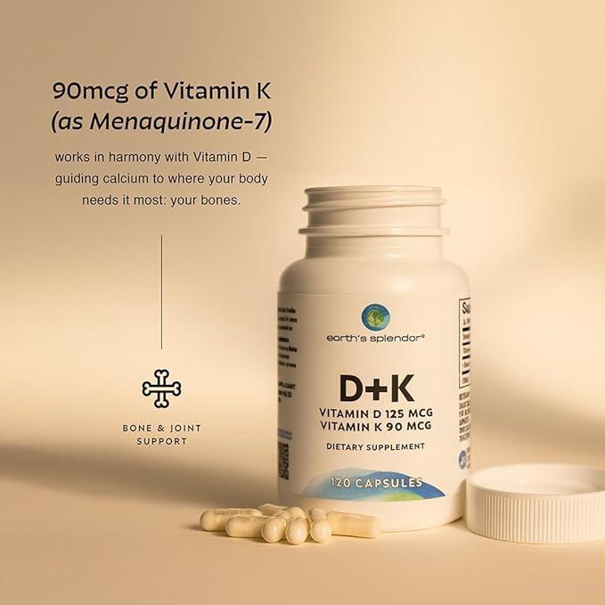 Earth's Splendor Vitamin D + K, 120 Capsules, Contains D 120mcg of Vitamin D3 and 90mcg Vitamin K2, 4 Month Supply