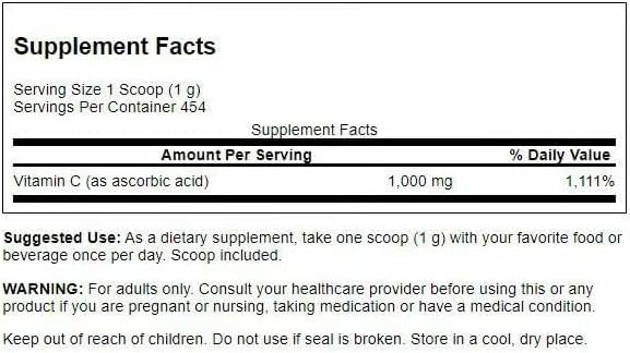 Swanson Vitamin C Powder 100% Pure Ascorbic Acid, Immune System Support, Skin Health, Cardiovascular Health, Antioxidant Supplement 1000 mg (per Serving) 1 lb. 454 g (3 Pack)