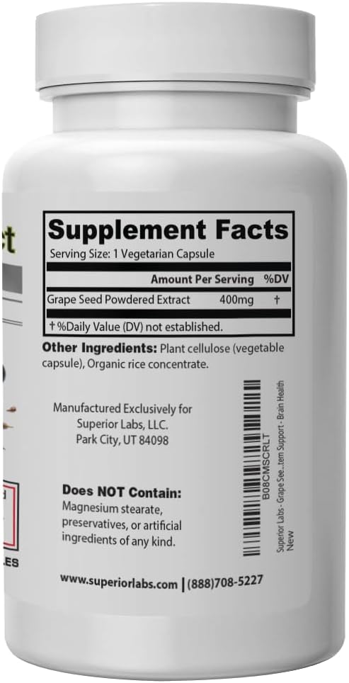 Superior Labs Grape Seed Extract, 400mg, 120 Vegetable Capsules, 95% Polyphenols, High Antioxidant Content, Healthy Blood Flow, Supports Immune System and Brain Health