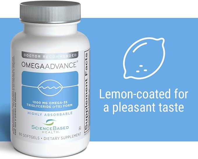 ScienceBased Health OmegaAdvance Omega-3 Fish Oil – Triglyceride Form with 1000 mg EPA & DHA – Plus Lutein & Zeaxanthin – Supports Heart, Brain & Eye Health – Lemon Coated – 60 Softgels