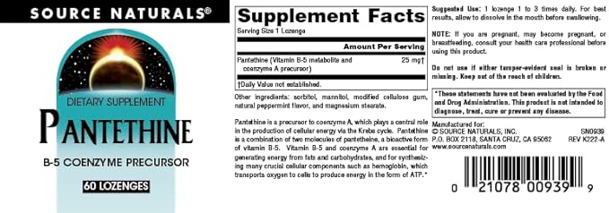 Source Naturals Pantethine B-5 Coenzyme Precursor, 25 mg - 60 Lozenges