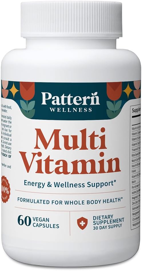 Pattern Wellness Multivitamin for Men & Women – Vitamin A, B, C, D, E – Supports Energy & Wellness – Whole Body Health – Daily Multivitamin Supplement – 60 Vegan Capsules
