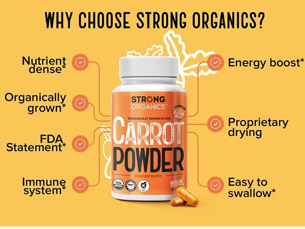 USA Grown Organic Carrot Juice Powder Capsules – Raw Cold-Pressed for Maximum Nutrients – Rich in Beta Carotene for Eye Support & Skin Health – Whole Food Vitamin A – 120 Vegan Pullulan Caps, Kosher
