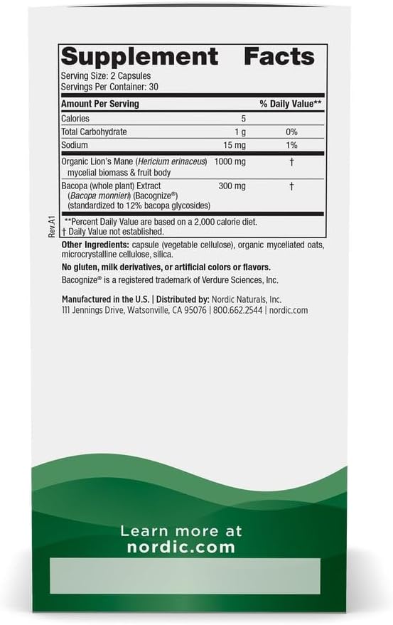 Nordic Naturals Cognition Mushroom Complex, Unflavored - 60 Capsules - Brain, Memory & Mood Support - Blend of Lion’s Mane Mushroom & Bacopa Extract - Non-GMO - Certified Vegan - 30 Servings