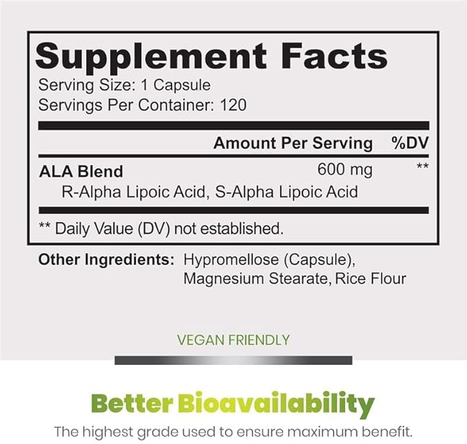Simply Natures Pure Alpha Lipoic Acid 600mg 120 Veggie Capsules, Non-GMO Thioctic Acid 4 Month Supply