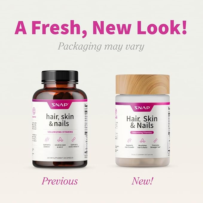 Snap Supplements Hair, Skin and Nails Vitamins, Support Hair Growth, Nourish Skin and Nails with Biotin, Collagen, Kelp, Bamboo and Other Vitamins, Radiant Skin, Strong Hair and Nails, 60 Capsules