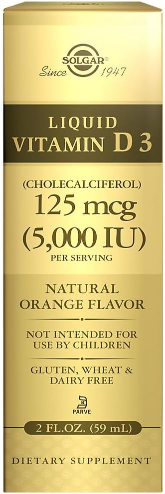 Solgar Liquid Vitamin D3 125 mcg (5,000 IU), 2 fl oz - Delicious, Natural Orange Flavor - Helps Maintain Healthy Bones & Teeth - Immune System Support - Gluten Free, Dairy Free, Kosher - 59 Servings