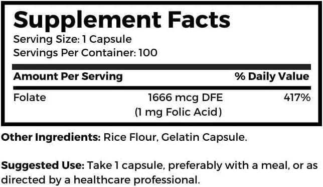 Dr. Clark Folic Acid (Vitamin B9) Supplement – 1mg, 100 Gelatin Capsules, Essential B Vitamin for Daily Health