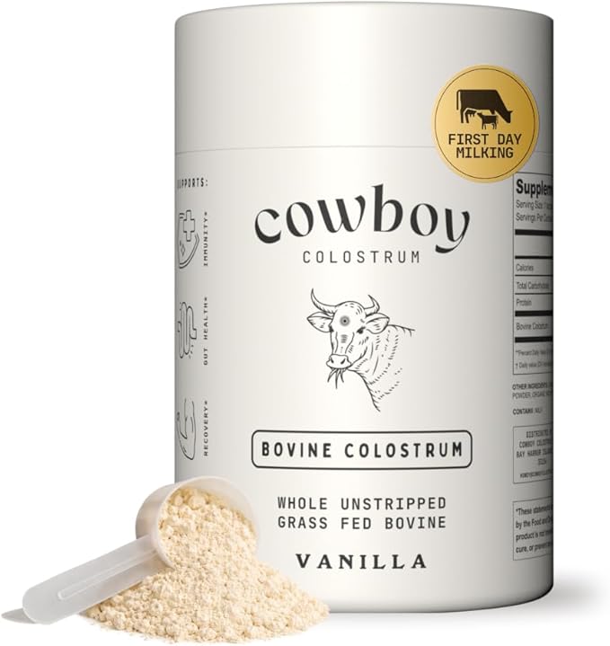Cowboy - The Exclusive 1st Milking, Whole, Grass Fed Colostrum Supplement for Full Body Health - Bovine Colostrum Powder Packed w/Bioactive Nutrients - Sugar Free (Vanilla, 40 Servings)