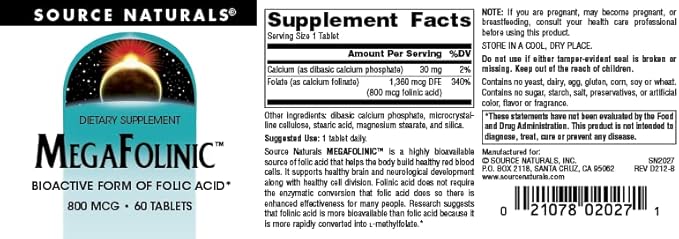 Source Naturals MegaFolinic 800mcg - 60 Tablets