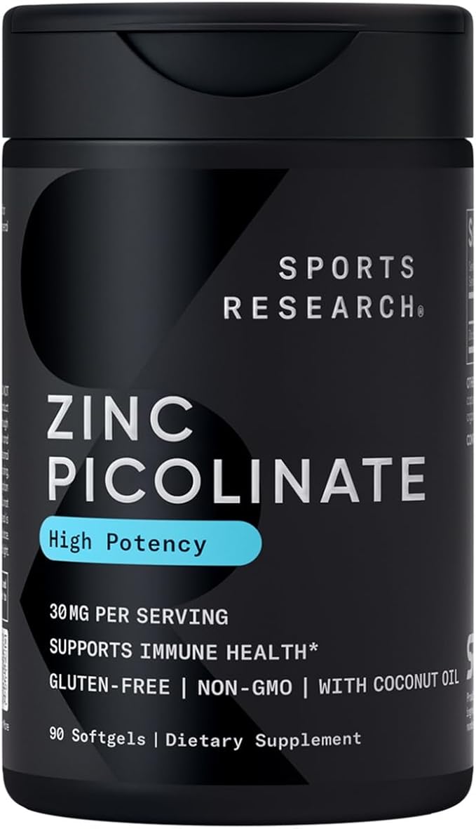 Sports Research High Potency Zinc Picolinate 30mg with Organic Coconut Oil | Highly Absorbable Zinc Supplement for Healthy Immune & Enzyme Function - Non-GMO Tested & Gluten-Free (90 Liquid Softgels)