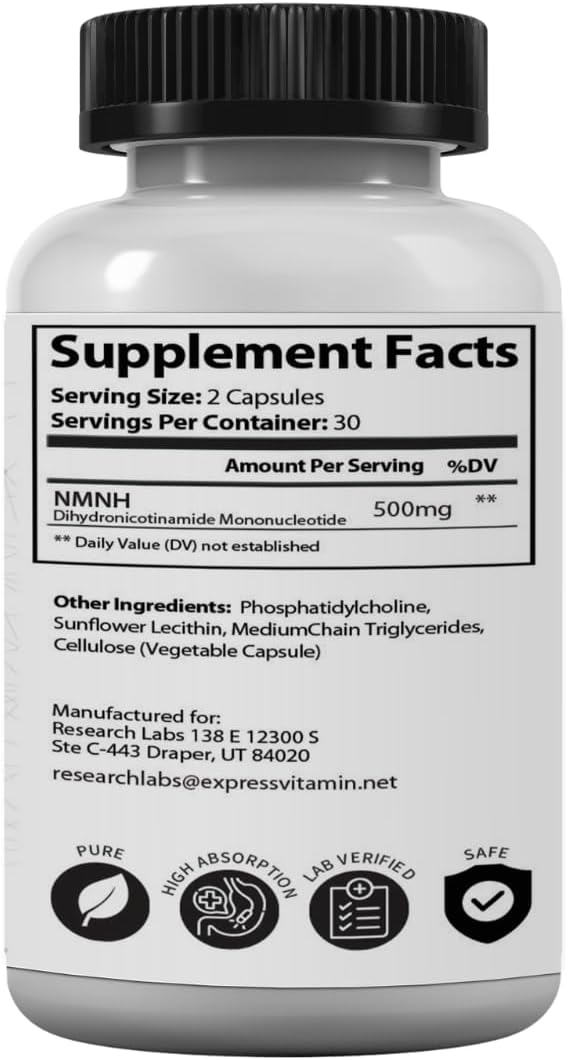 Research Labs 2 Pack Liposomal NMNH (NMN Supplement Alternative) 500mg Per Serving | 120 Capsules (Dihydronicotinamide Mononucleotide) NAD Supplement to Boost NAD+ Levels for Anti Aging