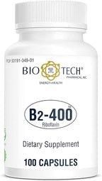 Bio-Tech Pharmacal B2-400, 100 Capsules – All-Natural Supplement – Supports Clarity and Productivity – No Dairy, Fish, Gluten, Peanut, Shellfish, GMOS, & Soy – No Artificial Colors