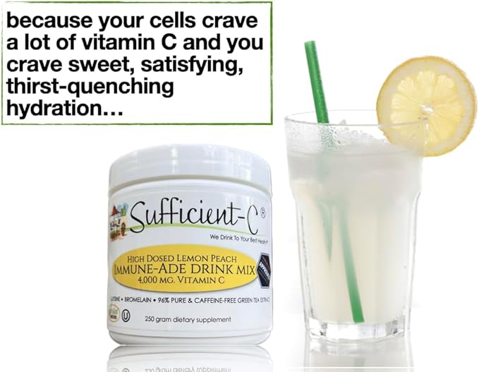 Sufficient-C High Dose Non-GMO Vitamin C - Lemon Peach Immune-Ade Drink Mix 250 Grams - Healthy Hydration Like Never Before (2 Pack)
