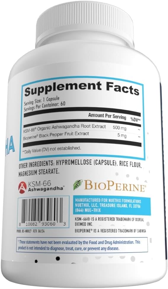 NuEthix Formulations Ashwagandha KSM 66, 500mg of KSM-66 Root Extract, Mood, Stress, & Cognitive Support, BioPerine Black Pepper Extract, Gluten Free, Vegetarian, Non-GMO, & Dairy Free, 60 Servings