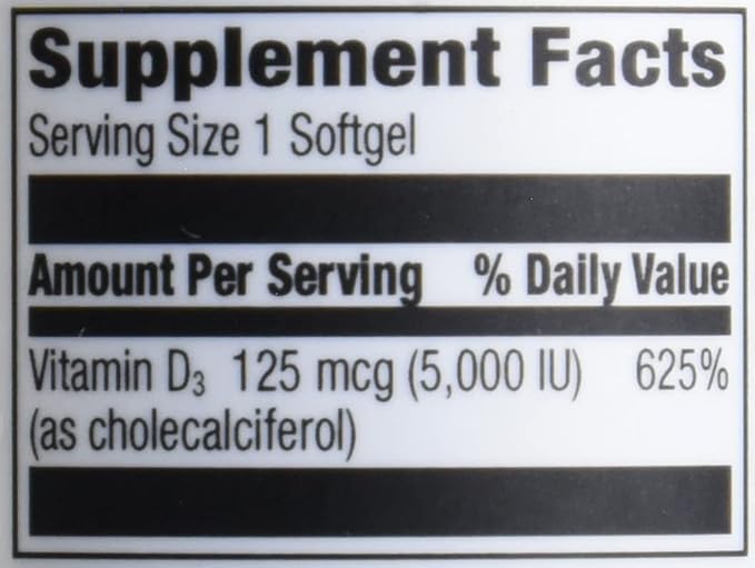 Amazon Elements Vitamin D3, 5000 IU, 180 Softgels, 6 Month Supply (Packaging May Vary), Supports Strong Bones and Immune Health (Pack of 2)