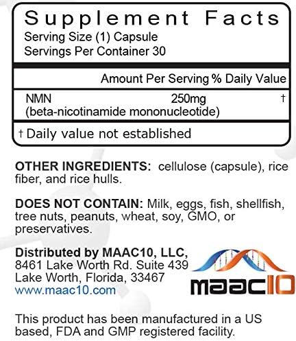 MAAC10 NMN Supplement 250mg Capsules - Genuine NMN Nicotinamide Mononucleotide NAD+ Supplement, Stabilized Form, Pairs Well with Trans-Resveratrol (30 x 250mg Capsules).
